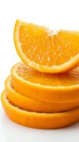 Fresh orange slices stacked on white background, showing juicy citrus texture and vibrant color, isolated for food, health, and nutrition design use.