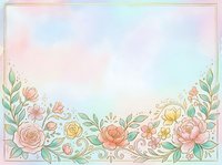 Soft watercolor floral border with pastel roses, peonies, and green leaves on a dreamy gradient background with gold frame accents.