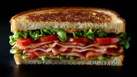 Fresh BLT sandwich with crispy bacon layers, lettuce, and tomato slices between toasted bread on dark background, appetizing close-up view for menu or advertising.