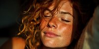 Young woman with curly red hair and freckles enjoying warm sunlight with eyes closed, peaceful expression showing natural beauty and relaxation outdoors.