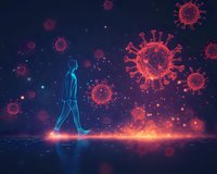 Glowing blue silhouette walks through red virus particles in dark space, depicting pandemic impact on mental health and social isolation concept.