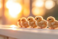 Four adorable yellow baby chicks standing in a row on white surface against blurred warm bokeh background with golden sunlight, spring farm scene.