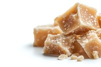Chunks of salted caramel fudge candy with crystallized sugar texture on white background, sweet homemade confectionery dessert closeup with copy space.