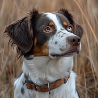 Portrait of attentive tricolor Australian Shepherd dog with distinctive blue and brown eyes looking up against blurred autumn grass background, wearing leather collar.