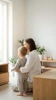 Young Caucasian mother sitting on floor holding toddler in striped onesie, looking toward window in bright Scandinavian-style living room.