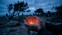 Hands cupping a small glowing candle flame outdoors at dusk, with a moody blue sky and bare trees in the background.