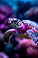 Green sea turtle swimming in vibrant coral reef environment with purple and blue bokeh background, showcasing detailed scales and graceful underwater movement.