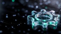 Translucent gear-shaped object with turquoise and blue lighting effects on dark reflective surface creates futuristic technological mood. Macro photography with bokeh background.