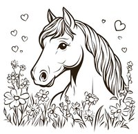 Romantic horse head portrait surrounded by flowers and hearts, black and white line art drawing on white background. Isolated design for coloring books and prints.