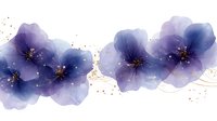 Delicate purple and blue watercolor flowers with gold sparkle accents on white background, flowing horizontal arrangement for wedding stationery and design projects.
