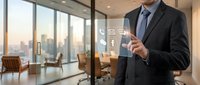 Businessman in dark suit touching virtual communication icons in modern office with city skyline view, representing digital connectivity and business technology solutions.