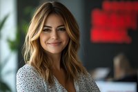 Young professional woman with blonde wavy hair smiling warmly in modern office environment. Business portrait for corporate communications and workplace content.