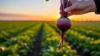 Fresh radish with roots held by farmer hand at sunset in organic vegetable field rows. Agricultural harvest concept for healthy eating and farming.