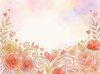 Watercolor floral border with hand-drawn roses, peonies, and decorative hearts on soft pastel background. Isolated design element for wedding invitations, greeting cards, and stationery projects.