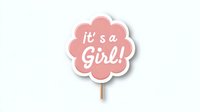 Pink flower-shaped "it's a Girl!" cake topper or party decoration on wooden stick, isolated on white background for baby shower celebrations.