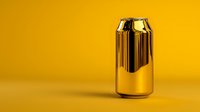 Golden metallic beverage can standing on yellow background with soft shadow, minimalist product photography for advertising and branding projects.
