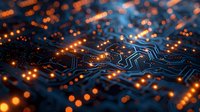 Glowing orange circuit board pathways on dark blue background, technology concept for digital transformation and electronic innovation.