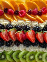 Fresh fruit arrangement with orange slices, raspberries, cherries, blackberries, strawberries and kiwi layered between swirls of whipped cream for dessert presentation.