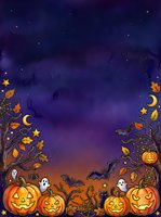 Spooky autumn night scene with glowing jack-o-lanterns, flying bats, ghostly figures, golden leaves, and crescent moons against a deep purple starry sky. Perfect for seasonal designs.