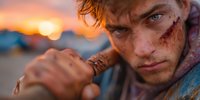 Young Caucasian male warrior with dirt and scars on face holding weapon at sunset. Post-apocalyptic survivor portrait with dramatic lighting and intense gaze.