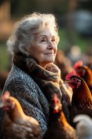Senior Caucasian woman with gray hair holding rooster at outdoor farmers market. Elderly female farmer with chickens showcasing rural lifestyle and agriculture.