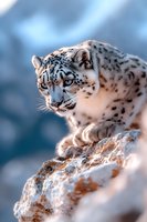 Snow leopard perched on rocky mountain ledge against blurred blue background, showcasing intense gaze and spotted fur pattern in natural habitat.