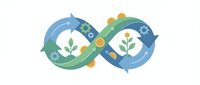 Circular economy symbol with green and blue arrows forming infinity loop, featuring plant growth, gears, and sustainable development icons on isolated white background for eco-friendly design projects.