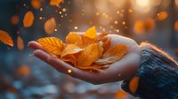 Hand holding golden autumn leaves with falling foliage against blurred bokeh background, creating magical seasonal atmosphere during fall.
