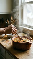 Hands stirring hot homemade soup in wooden bowl with steam rising in cozy kitchen by window for comfort food cooking.