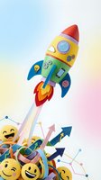 Colorful toy rocket launching upward with yellow smiley face emojis, growth arrows, and network connection symbols on pastel gradient background, representing business success and startup growth.