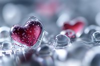 Heart-shaped ice cubes with red liquid center surrounded by clear ice spheres on reflective surface for romantic Valentine's Day celebration.