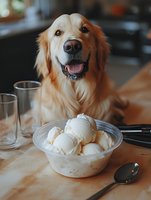 Happy golden retriever with white and reddish-brown coat sitting at table with bowl of vanilla ice cream, water glasses, and spoon. Pet enjoying frozen dessert indoors.