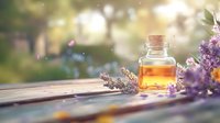 Glass bottle with honey and fresh lavender flowers on wooden surface in sunlight, creating dreamy atmosphere with natural bokeh effect and soft glow.