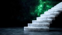Mystical white marble staircase ascending into green nebula space background, glowing steps with ethereal mist effect creating surreal atmospheric scene.