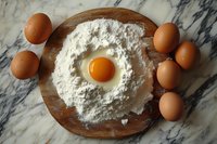 Fresh raw egg yolk in white flour on rustic wooden cutting board surrounded by brown eggs on marble countertop, overhead view for cooking and baking concept.