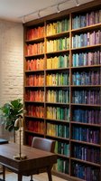 Rainbow organized bookshelf with colorful books arranged by hue in wooden shelving unit. Modern home library interior design with reading desk and plant.