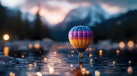 Miniature hot air balloon floating over reflective water surface with bokeh lights and mountain silhouettes at dusk, creating magical atmosphere.