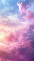 Dramatic pink and purple clouds at sunset create ethereal atmosphere with sunlight streaming through fluffy formations against blue sky background.