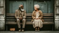 Elderly African American couple sitting together on vintage green bench outside old building, sharing peaceful moment in golden light for lifestyle content.