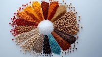 Colorful spices and seasonings arranged in circular pattern with salt in center on white background, top view composition for culinary and food design.
