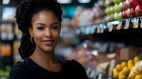 Young African American woman shopping in grocery store produce section with fresh fruits and vegetables in background for healthy lifestyle content.