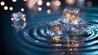 Glowing ice cubes floating on rippled dark water surface with bokeh lights in background creating magical atmosphere for beverage and cocktail photography.