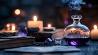 Mystical potion bottle with smoke surrounded by candles, crystals and ancient books creating magical atmosphere for fantasy storytelling and witchcraft themes.