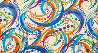 Vibrant swirling pattern with colorful dots and curves on cream background. Abstract decorative design for textiles, wallpaper, wrapping paper.