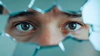 Close-up view of intense eyes peering through broken glass fragments against turquoise background, creating dramatic perspective and emotional atmosphere.