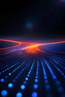 Abstract digital landscape with glowing orange wave flowing over blue dotted grid pattern against dark background, representing data flow and connectivity.