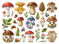 Mushroom and toadstool collection with woodland plants, berries, ferns, and snail on white background. Isolated botanical illustrations suitable for design projects.