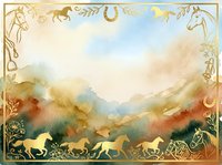 Watercolor landscape with wild horses running through misty mountains, framed by ornate gold equestrian border elements and decorative foliage details. Suitable for western decor, equine art prints, and rustic design projects.