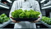 Professional chef in white uniform holding fresh microgreens tray in modern hydroponic farm setting with LED grow lights, showcasing sustainable indoor agriculture.