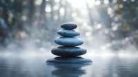 Zen stone stack balanced on water surface with soft bokeh background creating peaceful meditation atmosphere for wellness and mindfulness concepts.
